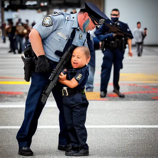 Prompt: SFO officer hugging a little kid while being under heavy enemy fire