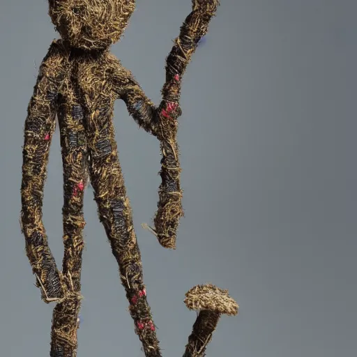 Prompt: an anthropomorphic of grass twigs and flowers, cine still,