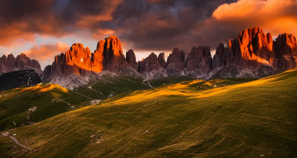 Prompt: landscape photography of Dolomites in the sunset, clouds, dramatic lighting, 500px