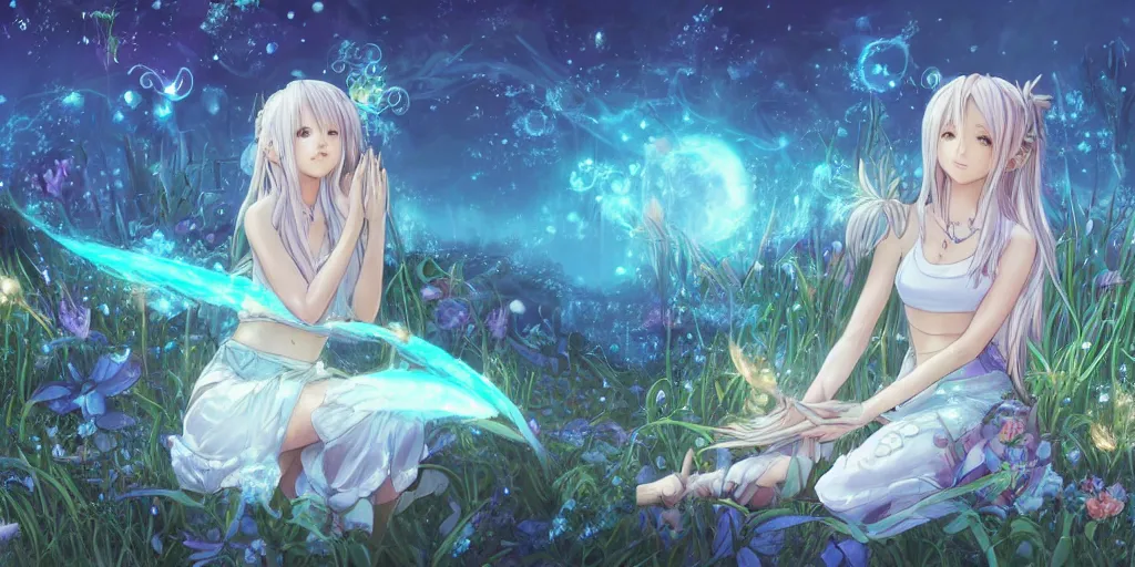 Prompt: final fantasy key visual of a pretty girl with blue flowing hair, wearing a short skirt and a crop top, meditating in a magical fantasy garden at night, moonlight, fireflies glowing, lofi feel, magical, highly detailed, digital art, artstation, smooth, hard focus, illustration, art by artgerm - in the style of final fantasy and studio ghibli