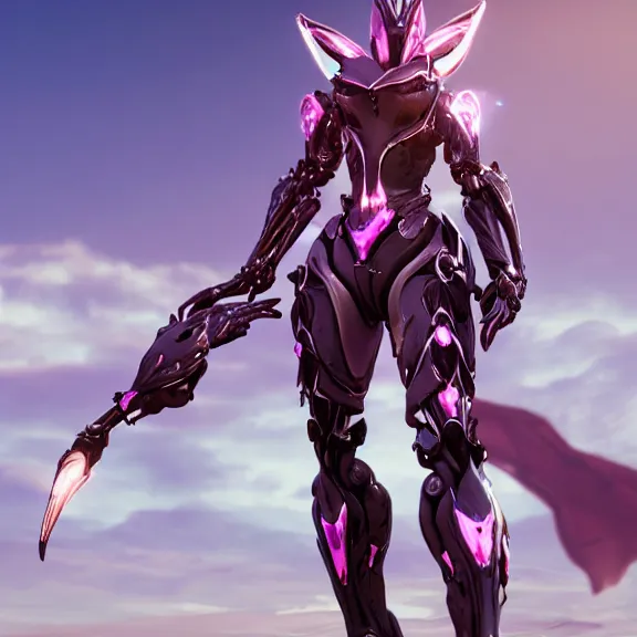 Image similar to cinematic close up full body shot of a beautiful stunning saryn prime warframe, that's a beautiful stunning anthropomorphic robot female dragon with metal cat ears, cute elegant pose, standing on teh beach at sunset, robot cat paws for feet, thick warframe legs, detailed arms, sharp claws, slick pink armor, streamlined white armor, long elegant tail attached to her back end, two arms, two legs, detailed warframe fanart, destiny fanart, macro art, dragon art, furry art, realistic digital art, warframe art, Destiny art, furaffinity, DeviantArt, artstation, 3D realistic, 8k HD, octane render