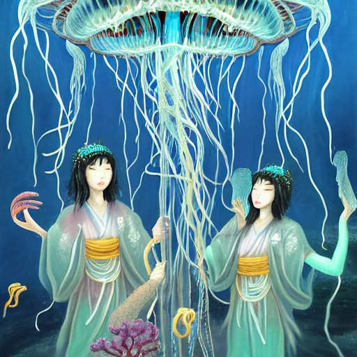 Image similar to A painting of priestesses worshipping at the jellyfish temple, shrouded in mist, jellyfish god, jellyfish priestess, jellyfish shrine maiden, 8K, illustration, art by Kyuyong Eom and Rui Li and Seunghee Lee and xi zhang, smoke, undersea temple with fish, cinematic, insanely detailed and intricate, hypermaximalist, elegant, super detailed, award-winning, fuschia and vermillion and cyan, rainbow accents, mysterious, ancient, ritual, trending in cgsociety, artstation HQ, ornate, elite, haunting, matte painting, beautiful detailed, insanely intricate details, dreamy and ethereal, otherworldly