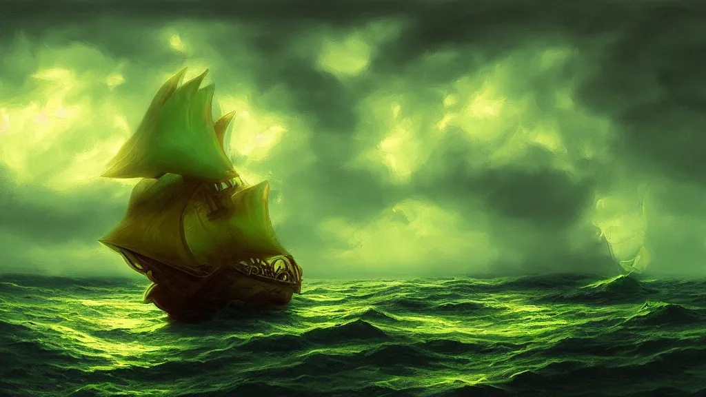 Prompt: gold galleon ship, green sea, storm. bloom, lighting. fantasy, digital painting.