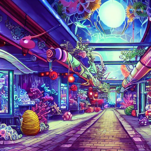 Prompt: anime background of an undersea shopping district built from various sea shells and corals, seaweed, light prisms, light diffraction, steampunk, cyberpunk, cool lights, anime, vhs distortion