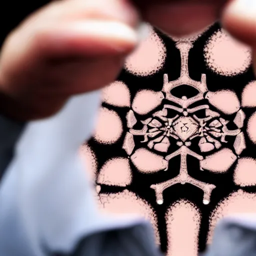 Image similar to a man staring in horror at his hand, which has turned into a fractal