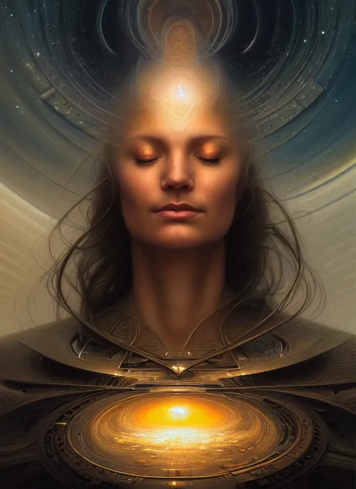 Image similar to closeup portrait shot of a meditation in space in a scenic dystopian environment, intricate, elegant, highly detailed, centered, digital painting, artstation, concept art, smooth, sharp focus, illustration, artgerm, tomasz alen kopera, peter mohrbacher, donato giancola, joseph christian leyendecker, wlop, boris vallejo