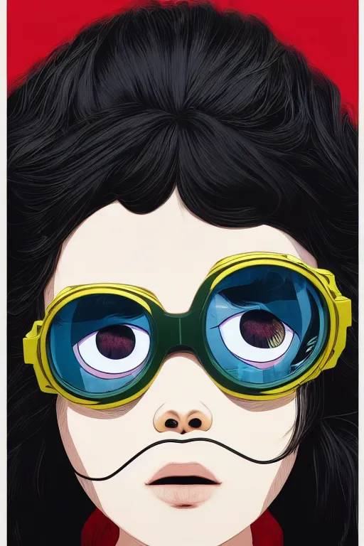 Image similar to face of a beautiful girl wearing goggles, dark skin, big hair, symmetrical, ilya kuvshinov, jamie hewlett, yoji shinkawa, muted colors, portrait, beautiful detailed illustration, 17th century oil painting, flat colors, studio ghibli, cel shading, loish, pop art,