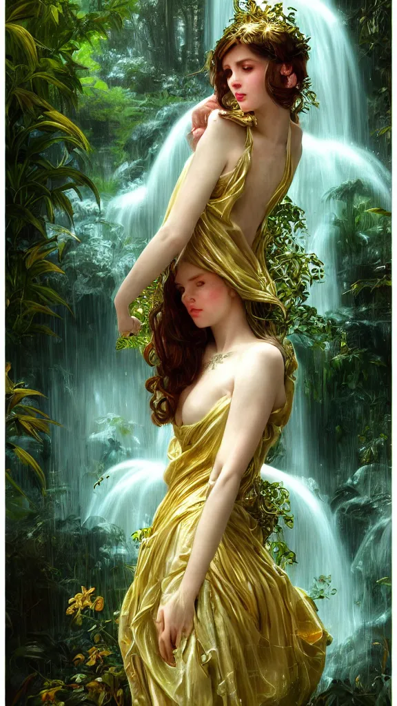 Prompt: hyper realistic photographer looking through a vintage medium format camera, taking pictures, magic pouring from lens, fantasy castle, full body waterfall water dress, design on white background, beautiful details, lush foliage cyberpunk, gold, drawn by john singer sargent, tom bagshaw, norman rockwell, alphonso mucha, lolish, trending on artstation