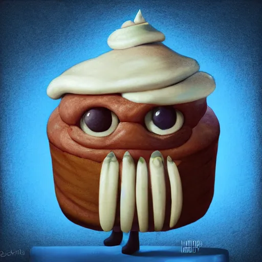 Prompt: A humanoid tasty looking cupcake with bushy eyebrows and grumpy face, blue light, extra detailed, digital illustration, by OLIVER ENDE, digital painting, Matte painting, trending on artstation and unreal engine