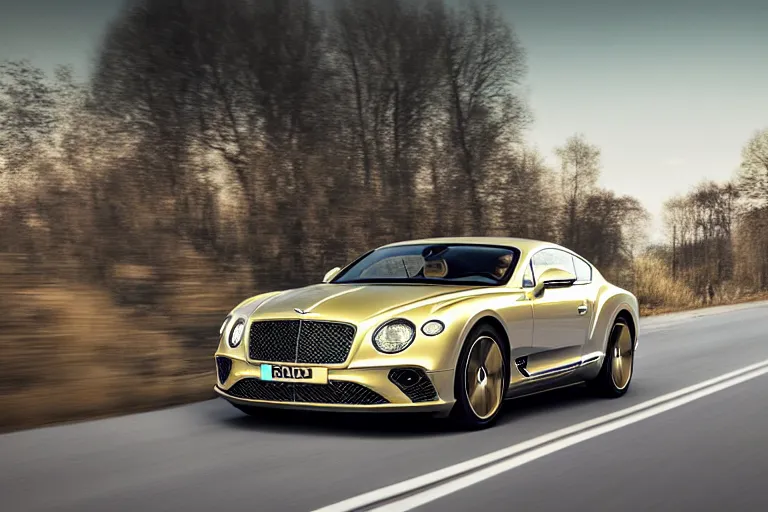 Image similar to Bentley Continental GT in shiny gold film drives along old Russian village road with houses houses around the edges