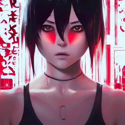 Image similar to A cyborg girl with big and cute eyes, fine-face, realistic shaded perfect face, fine details. red, black and white robotic parts. Very Anime.realistic shaded lighting poster by Ilya Kuvshinov katsuhiro otomo ghost-in-the-shell, magali villeneuve, artgerm, Jeremy Lipkin and Michael Garmash, Rob Rey and Kentarõ Miura style, trending on art station