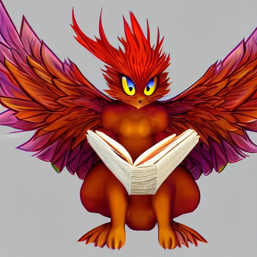 Image similar to A small cute adorable phoenix reading a book at a university digital art raytracing 3D