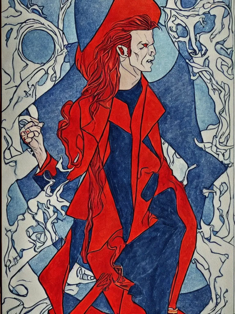 Image similar to art nouveau, David Bowie, one single figure, tarot card, The Vampire, leather jacket, jeans, long red hair, full body