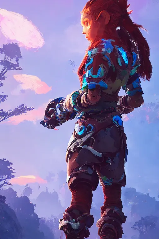 Image similar to combination suit armor aloy horizon forbidden west horizon zero dawn radiating a glowing aura global illumination ray tracing hdr fanart arstation by ian pesty and alena aenami artworks in 4 k tribal robot ninja mask helmet backpack