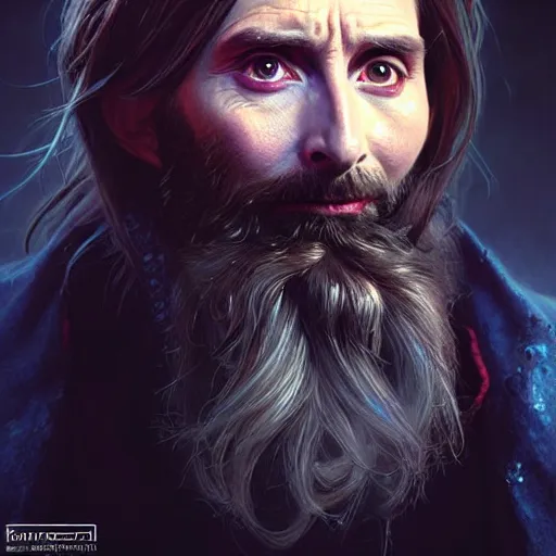Prompt: portrait painting of a cyberpunk dwarf mage david tennant with braided beard, ultra realistic, concept art, intricate details, eerie, highly detailed, photorealistic, octane render, 8 k, unreal engine. art by artgerm and greg rutkowski and charlie bowater and magali villeneuve and alphonse mucha