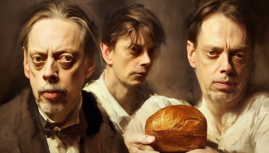 Image similar to beautiful portrait of steve buscemi as a loaf of bread, art by anders zorn, wonderful masterpiece by greg rutkowski, beautiful cinematic light, american romanticism thomas lawrence, greg rutkowski
