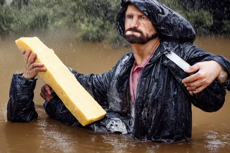 Image similar to closeup portrait of a man carrying a wheel of cheese over his head in a flood in Adelaide in South Australia, photograph, natural light, sharp, detailed face, magazine, press, photo, Steve McCurry, David Lazar, Canon, Nikon, focus