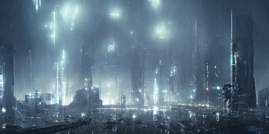 Prompt: futuristic science-fiction landscape of the world of machines, huge mechanical towers buildings and bridges, under a dark cloudy sky, in the style of Blade Runner