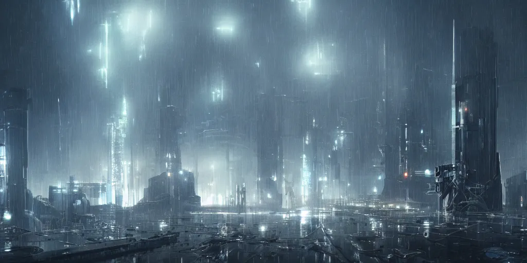 Image similar to futuristic science-fiction landscape of the world of machines, huge mechanical towers buildings and bridges, under a dark cloudy sky, in the style of Blade Runner