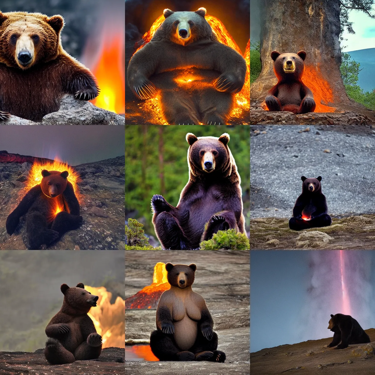 Prompt: A bear with its head lit up meditating inside an active volcano