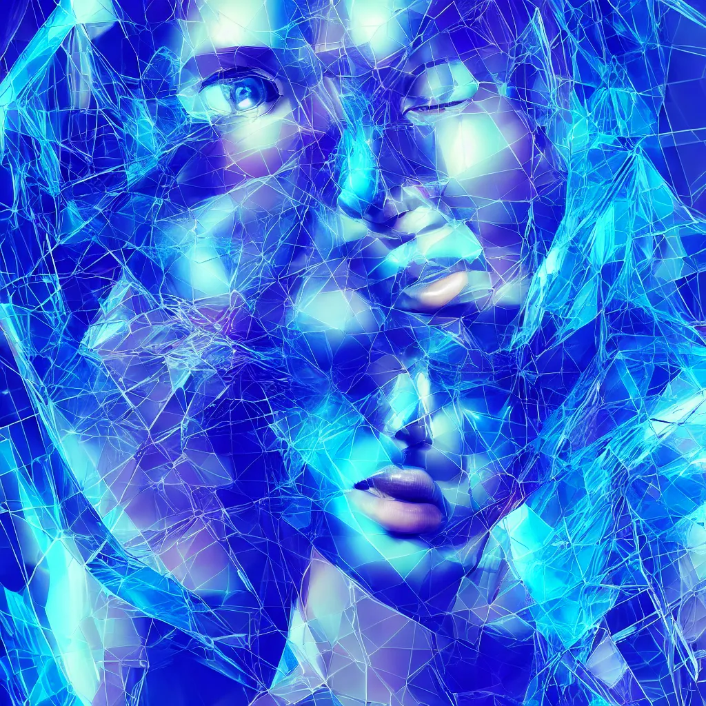 Prompt: chromatic 3D geometry, translucent blue, matte bright highly detailed, epic, 3D render, digital art, artstation, 8K artistic photography, photo-realistic, by Hiroya Oku, Jenny Seville, Salvador Dali, Francis Bacon, WLOP