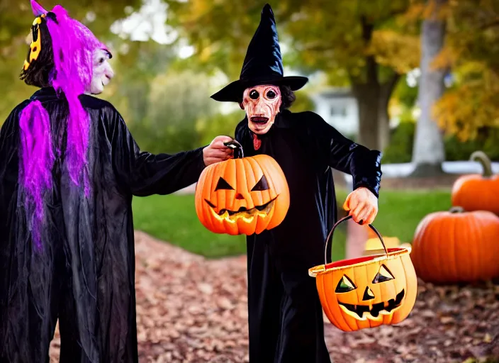 Image similar to dslr photo still of jim varney trick or treating on halloween, 4 k, 1 2 0 mm f 1 6