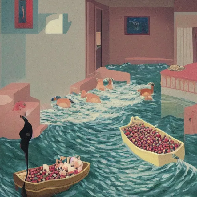 Image similar to painting of flood waters inside an artist's feminine bedroom, female emo art student, a river flooding indoors, pomegranates, pigs, ikebana, water, octopus, river, rapids, waterfall, black swans, canoe, berries, acrylic on canvas, surrealist, by magritte and monet