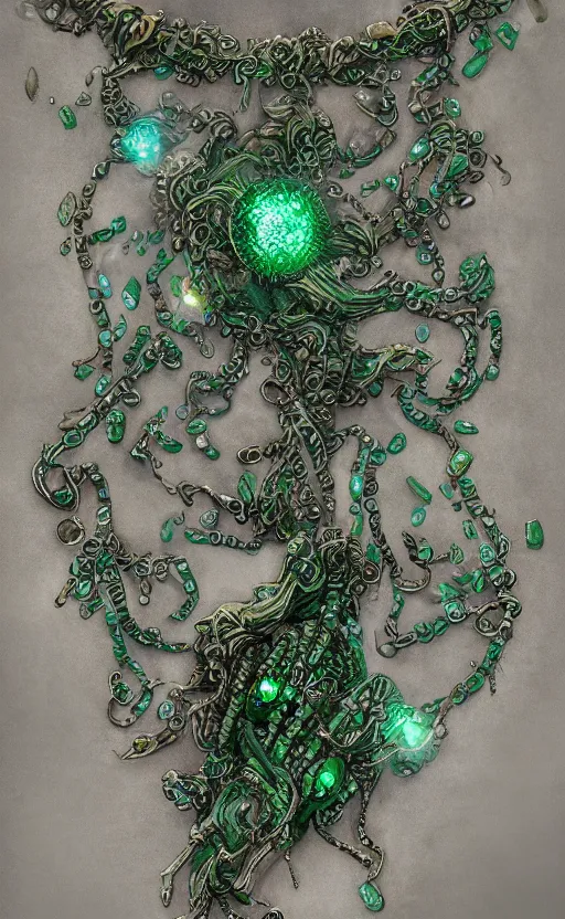 Prompt: a close view of a necklace with a small forest green crystal pulsing light, cloth accessories, front game card, drark, marvel comics, dark, intricate, highly detailed, smooth, artstation, digital illustration by ruan jia and mandy jurgens and artgerm and wayne barlowe and greg rutkowski and zdislav beksinski