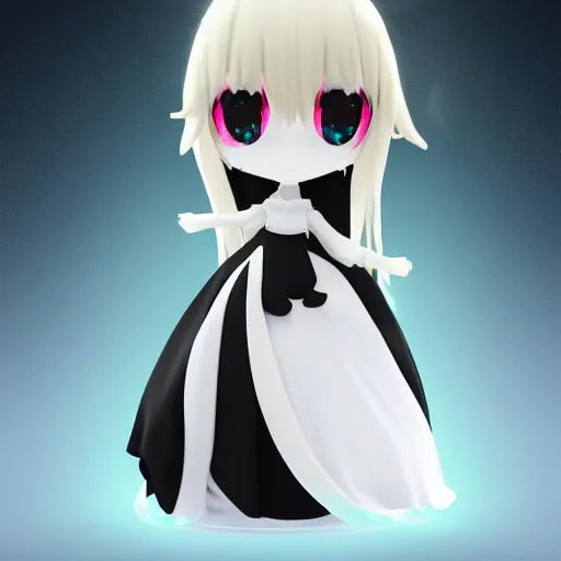 Prompt: cute fumo plush of a pure vantablack girl with a white glowing heart, lens flare, gothic regal, vray, sparks and liquid fire