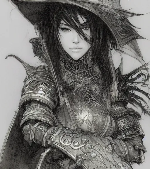 Prompt: portrait of anime woman wearing witch hat in armor, pen and ink, intricate line drawings, by craig mullins, ruan jia, kentaro miura, greg rutkowski, loundraw