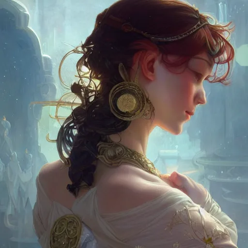 Image similar to beautiful android girl, fantasy, intricate, elegant, highly detailed, digital painting, artstation, concept art, wallpaper, smooth, sharp focus, illustration, art by artgerm and greg rutkowski and alphonse mucha