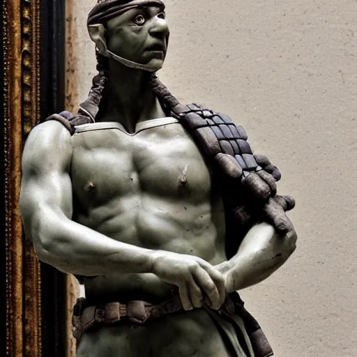 Prompt: donatello of the teenage mutant ninja turtles as a sculpture from the renaissance made of white marble, high details, cinematic, photorealistic