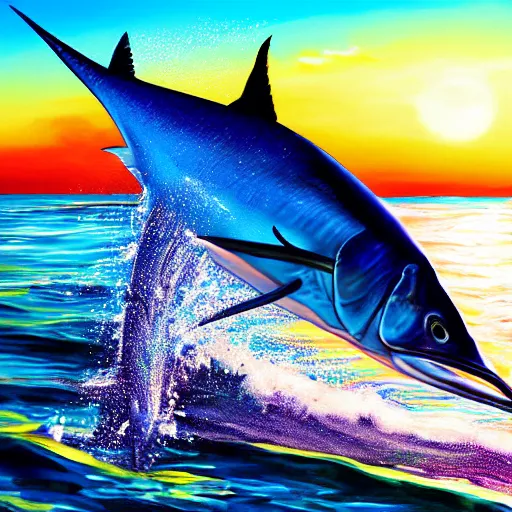 Image similar to detailed blue marlin jumping in front of sunset, dusk, calm seas, digital painting, smooth, sharp detail, 4 k ultra hd