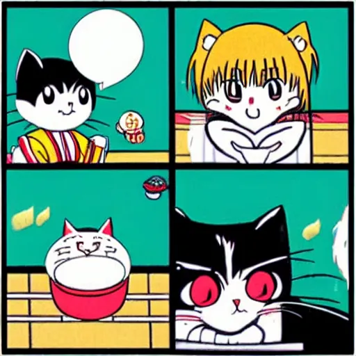 Image similar to a four panel black and white manga by Naoko Takeuchi and Hayao Miyazaki of a cat eating rice, cat eating rice 4koma manga