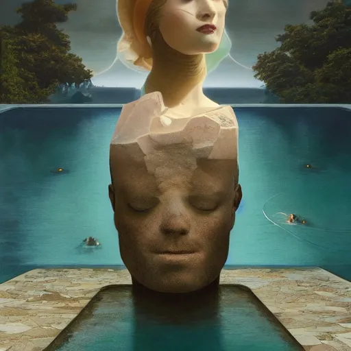 Prompt: peter tarka, minimalistic, hyperrealistic surrealism, award winning masterpiece with incredible details, epic stunning, infinity pool, a surreal vaporwave liminal space, highly detailed, trending on ArtStation, artgerm and greg rutkowski and alphonse mucha, daily deviation, IAMAG, broken giant marble head statue ruins