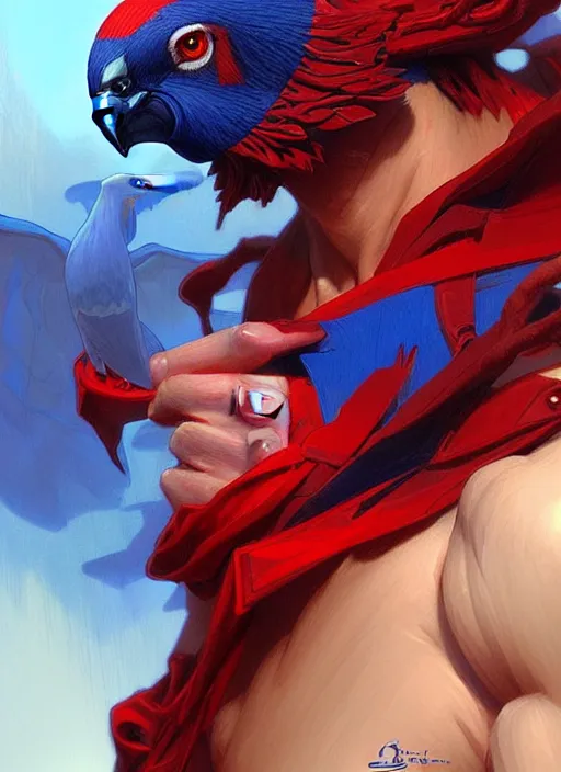 Image similar to portrait of aggressive pigeon humanoid, d & d, muscular! blue and red, fantasy, intricate, elegant, highly detailed, digital painting, artstation, concept art, smooth, sharp focus, illustration, art by artgerm and greg rutkowski and alphonse mucha