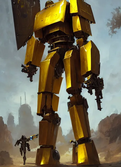 Image similar to human-sized strong intricate yellow pit droid carrying beautiful paladin greatsword and beautiful large paladin shield, pancake short large head, exposed metal bones, painterly humanoid mecha, by Greg Rutkowski