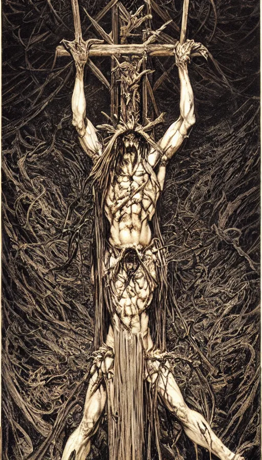 Image similar to Scorn themed painting of unholy darkness crucifixion concept, intricate artwork by H.R. Giger, Johnatan Wayshak, Zdizslaw Beksinski, Ayami Kojima, Amano, Karol Bak, Moebius, and Mark Brooks, Neo-Gothic, gothic, rich deep colors, art by Takato Yamamoto, masterpiece, face by Artgerm, very coherent artwork, cinematic, hyper realism, high detail, octane render, unreal engine, 8k, High contrast, golden ratio, trending on cgsociety