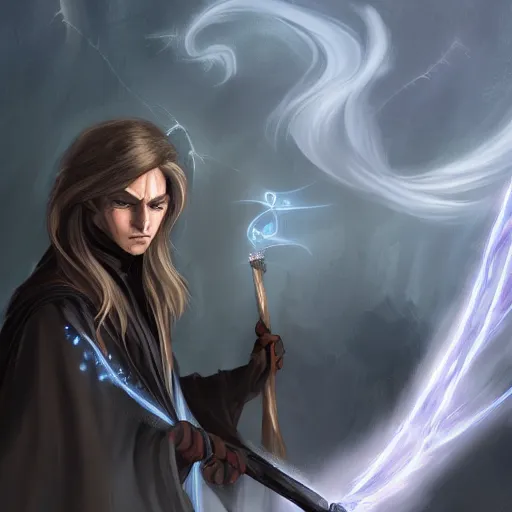 Prompt: Young, handsome wizard with a blonde ponytail wearing exquisite black robes, a spider cloak and wielding a legendary staff of light. Magic flux. High fantasy, digital painting, HD, 4k, detailed.