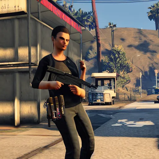 Image similar to gta 5, gta V style, gorgeous, girl with a gun