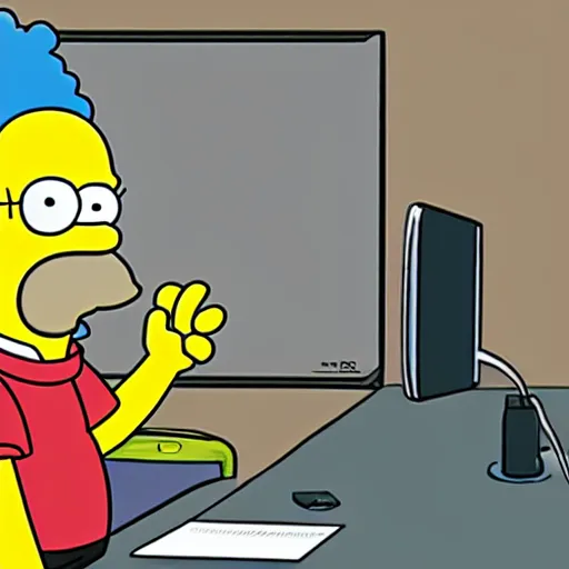 Image similar to homer simpson is sitting at a desk with a computer screen that is showing an episode of the simpsons