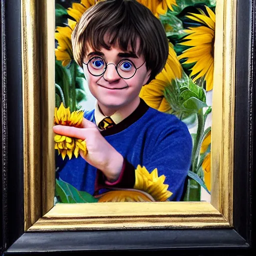 Image similar to hyperrealism portrait harry potter holding a sunflower