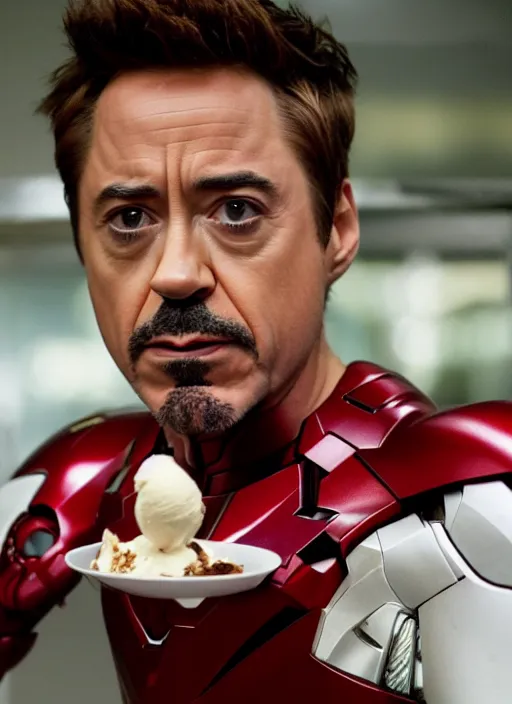 Prompt: a full portrait photo of robert downey jr eating ice cream in movie iron man, f / 2 2, 3 5 mm, 2 7 0 0 k, lighting, perfect faces, award winning photography.