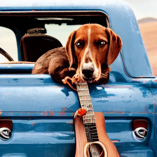 Prompt: A folkpunk brown hound dog playing the guitar, in front of a pickup truck, after the apocalypse