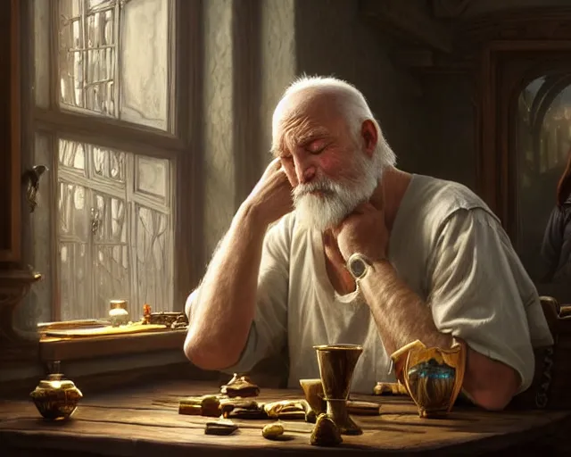 Image similar to an old man resting his chin on a table looking at the elixir of life with a photograph of his wife next to him, deep focus, d & d, fantasy, intricate, elegant, highly detailed, digital painting, artstation, concept art, matte, sharp focus, illustration, hearthstone, art by artgerm and greg rutkowski and alphonse mucha