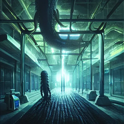 Image similar to menacing aggressive fast engineered black slimy creature made out of needles, inside a gas station, aggressive harsh bright fluorescent industrial blue lighting, extremely detailed digital matte painting buy Greg Rutkowski and H.R. Giger