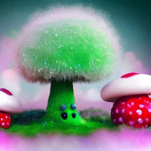 Image similar to an aesthetically pleasing fluffy fuzzy curly furred strawberry cow in a cottagecore mushroom filled forest with a tiny green frog sitting on a toadstool, pink fog, glitter, sparkles and shimmers, ambient occlusion, God rays, national goegraphic