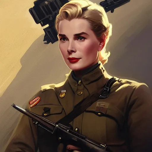 Prompt: Grace Kelly as a US Army Soldier, western, D&D, fantasy, intricate, elegant, highly detailed, digital painting, artstation, concept art, matte, sharp focus, illustration, art by Artgerm and Greg Rutkowski and Alphonse Mucha