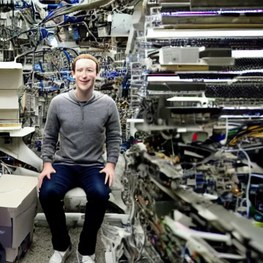 Prompt: mark zuckerberg alone in an ally with broken computer parts. photograph.