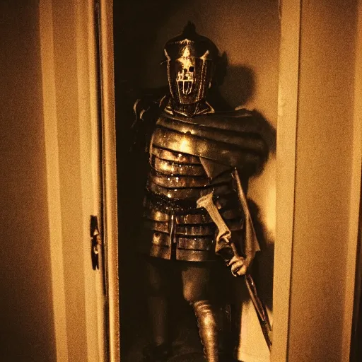 Prompt: grainy photo of a roman centurion as a creepy monster in a closet, harsh flash